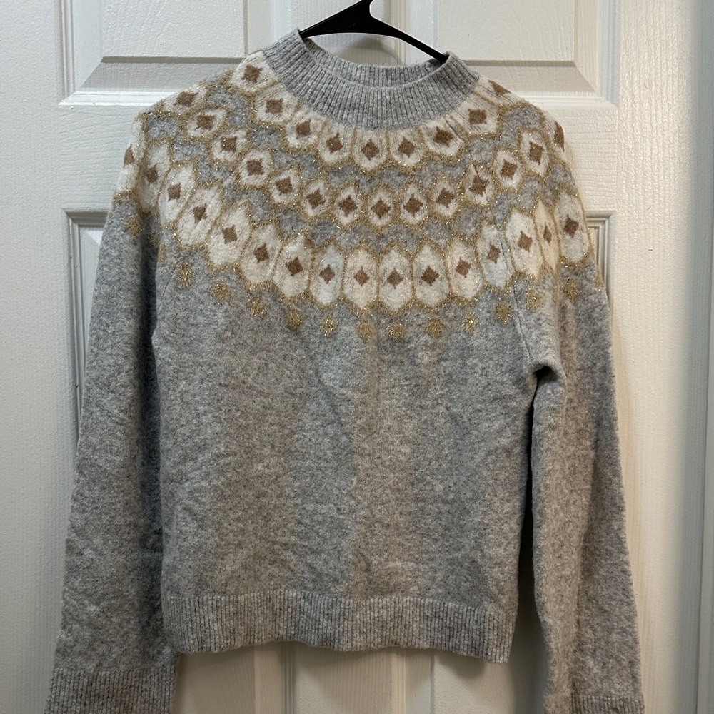 SOLD - J. Crew Gray and Gold Patterned Women's Sweater